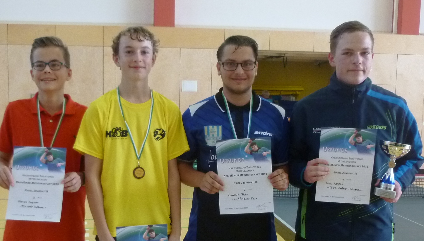 Die Sieger der U18-Kreismeisterschaft 2019: Langner (Falkenau), Ullmann (Burgstädt), Feller (Lichtenau), Wegert (Oederan-Falkenau) (v. l.)